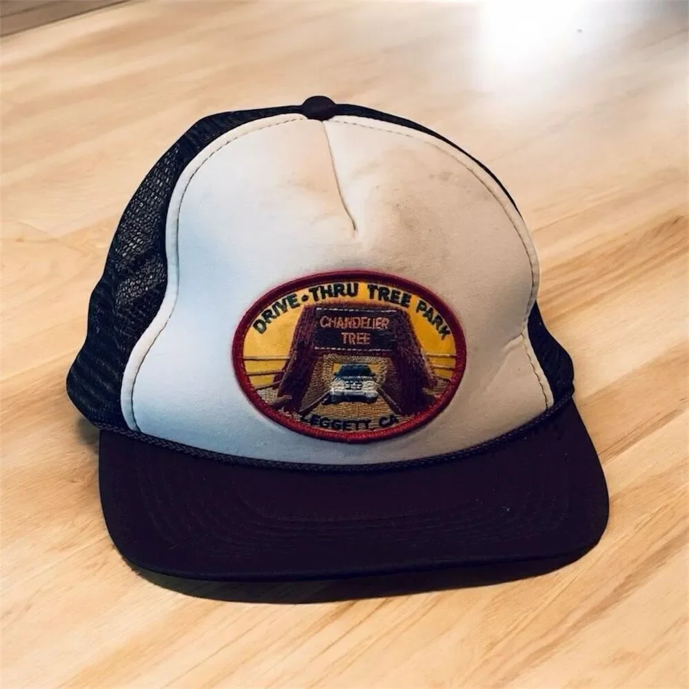 Vintage Brown Novelty Patch Graphic Mesh SnapBack Trucker Hat Rope